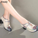 Women Embroidery Pumps Grey Lady 6CM High Heels Shoes Handmade Women Genuine Leather Pumps Autumn