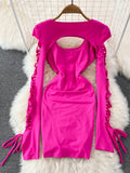 Sexy Women 2 Piece Set New Spring Summer Fashion Streetwear Hollow Out Long Sleeve Crop Top + Mini Bodycon Dress
