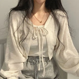 White Knitted Cardigan Women Summer Thin Sunscreen Lace-Up Knitwear Tops Female Korean Style Lantern Sleeve Short