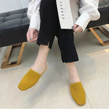 Women Mules Slippers Female Summer Flats Sandals Knit Fabric Stretch Slides Holiday Beach Shoes Square Heel Square Toe