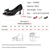Rhinestone Bowknot Black Pumps for Women Pointed Toe Silk Stiletto Pumps Shoes Woman Satin Wedding Bride Shoes