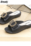 Ladies Sandals Summer Half Slippers Women's Fashion Square Buckle Casual Thick Heel Outer Wear Flat Sandals Slip on