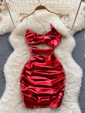 Women Mini Bodycon Party Dress Summer Rhinestone Spaghetti Strap One Shoulder Sleeveless Cutout Slim Night Out Club