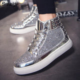 Skate Shoes Silver pink Lovers sequined Shoes Rivets Punk Glitter shoes Men Sneakers Youth High Top Street Flats