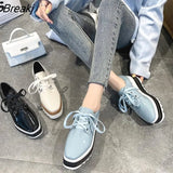 new Spring Casual Solid Flat Women Shoes Patent Leather Lace-Up Loafers Flat Platforms British Style Ladies