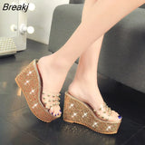 Women Sandals Rivets Transparent Peep Toe High Heels Sandals Fashion Ladies Glitter Platform Wedges Summer