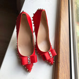 Red Matte Women Pointy Toe High Heel Shoes with Bow Sexy Spikes Rivets Stiletto Pumps 8cm 10cm 12cm Colors