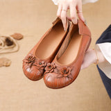 New Flat Bottom Low Heel Head Layer Cowhide Women's Shoes Ethnic Wind Flowers Leather Women's Single Shoes Middle-Aged And Elderly Mother