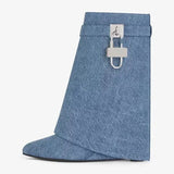 Lock Buckle Women's Mid Calf Boots Punk Style Round Toe High Heel Western Boots Luxury Designer Wedges Women's Short