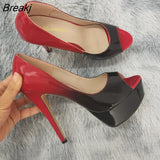 New Women Pumps Sexy Platform Peep Toe 14cm Extremely High Heels Stiletto Patent Leather Party Nighclub Red Wedding