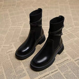 Round Head Belt Buckle Boots 2024 New Soft Leather Thick Heels Martin Boots Women's Knitted Elastic Thin
