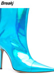 Ankle Boots Pointed Toe High Heels Shoes Nightclub Stiletto Shiny Leather Demonia Boots Metal Gold Women Mid Calf