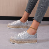 Women Sneakers Woven Gold Sequins Single Shoes Round Head Lace-Up Retro Platform Flats Shoes Light Cozy Walking Vulcanized