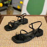 Women 2023 Summer New Fashion Square Toe Roman Shoes Simple Fairy Strap Women Shoes Flat Casual Shoe Sandalias De