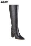 Women High Knee Boots Elegant Crocodile Print Microfiber Long Boots Women Pointed Toe Chunky Heel Party Shoes Thick Bottom