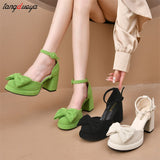 green Heels Shoes for Women Summer Fashion Square Head Buckle Mary Jane Shoes Outdoor Party Chunky Sandals Zapatos De