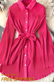 Casual Women Green Shirt Dress New Spring Autumn Turn Down Collar Flare Sleeve Single Breasted Female Dress