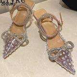 Elegant Crystal Bowknot Women Wedding Shoes Bride High Heels Pumps PVC Transparent Pointed Toe Ankle Strap Sandals