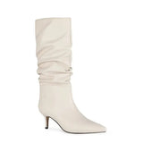 Women Mid-Calf Boots Sexy Solid Color Leather Folds Boots Pointed Toe Thin Heels Stiletto Party Shoes Large Size