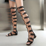 Beach Sandals Women 2023 Soft Leather Shoes Summer Bandage Knee High Flats Strappy Casual Roman Botas Size