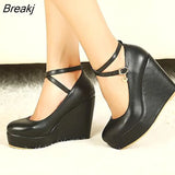 White Platform Wedges Wedding Shoes Pumps Women High Heels Round Toe Pumps Cross Buckle Fashion Footwear Leisure Mary