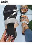 Summer New Women's Fashion Gold Silver Patent Leather Flat Heel Sandals Bling Rhinestone Narrow Band Beach Casual