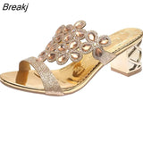 Women Summer Fashion Rhinestone Slipper Sexy Hollow Out Chunky High Heels Sandals Crystal Party Shoes Woman Flip