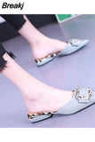 Baotou Slippers Mules Shoes for Women Closed Toe 2023 Summer Pointed Toe Slip-On Low Heels Flats Shoes Sandals