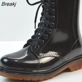 Rain Boots Fashion Ladies Flat-heel Solid Color Rain Boots Water Shoes Lace-up Warmth Mid-Calf Rain Boots Platform