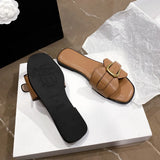 Women Slippers Leather Square Toe Women Flats Flip Flops Designer Ladies Slides Sandals Women Shoes Luxury