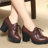 Women Pumps Shoes Genuine Leather Pointed Toe Lace-Up 8cm & 5cm Thick High Heel Shallow Solid Casual Female Shoes Plus