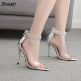 New Crystal Ankle Strap Sandals Women Sexy Open Toe PVC Zipper Thin High Heels Sandals Female Wedding Shoes