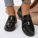 Black Patent Leather Platform Loafers Women Fashion Tassels Shallow Flats shoes Woman British Style Middle Heels Office