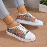 Women's Sunflower Print Canvas Shoes, Casual Round Toe Lace Up Low Top Sneakers, Comfy Flat Walking