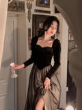 Long Sleeve Midi Dress Woman Slim French Vintage Velvet Dress Party Casual Korean Fashion Dress Female 2023 Autumn