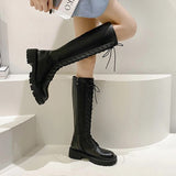 Autumn Winter Brown Knee High Boots Women Pu Leather Platform Long Boots Woman Lace Up Thick Heels High Tube