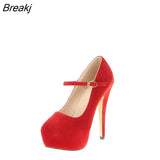 Mary Janes Women Pumps New Platform High Heels Shoes Woman Sexy Round Toe Flock Red Extreme Thin Heel