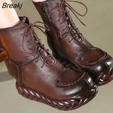 New Vintage Mother Flat Genuine Leather Ankle Boot for Women Cowhide Lace-Up Winter Warm Shoes Woman Platform Snow