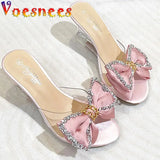 High Heels Summer Slippers Fashion Elegant Party Transparent Women Shoes Satin Big Bow Wedge Sandals 8CM Pink Pumps Size