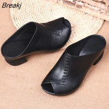 Women's Thick-heeled Soft Leather Outer Slippers Fish Mouth Comfortable Brown Versatile Mid-heeled Sandals Leisure Mother