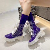 Women Rain Boots Mature Ladies Lace-up Waterproof Ladies Shoes Transparent Candy Color Soles Outdoor Girl