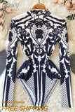 Women Bodysuit 2023 New Autumn Fashion Stand Collar Long Sleeve Body Top Casual Streetwear Floral Print Sexy Skinny Bodycon
