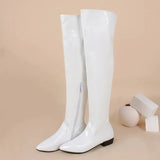 Women Over the Knee Boots Wide Calf Size 34~48 Candy Colour Chunky Low Heel Pointy Toe Patent Leather Comfortable Boot Zip