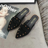 Shoes Mules For Women 2024 Ladies' Slippers Rivet Cover Toe Butterfly-Knot Low Square heel Loafers Flock New Pointed