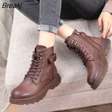 Women's Genuine Leather Ankle Boots Women Autumn Winter Lace Up Vintage Women Punk Boots Flat Ladies Shoes Woman Botas