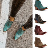 Female Western Boots Wood Sole Pointed Toe Slip-On Print Ankle Boots Embroider 2023 Spring Comfy Woman Boots