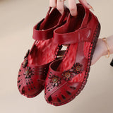 Summer New Head Layer Cowhide Flat Bottom Women's Shoes National Wind Leather Hollow Out Small Flower Women's Sandals Mother