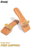 Women's Slippers 2023 Summer Transparent Chain Luxury Square Head Flat Heel Female plus size outdoor beach women slides