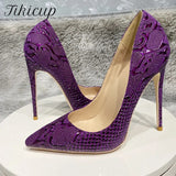 Purple Embossed Crocodile Effect Women Pointy Toe Slip On High Heel Shoes for Party Sexy Ladies Dress Stiletto