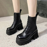 Goth Ankle Boots Women Black Chunky Wedge Platform Shoes Woman Lace Autumn Patent Leather Footwear Lady Botas